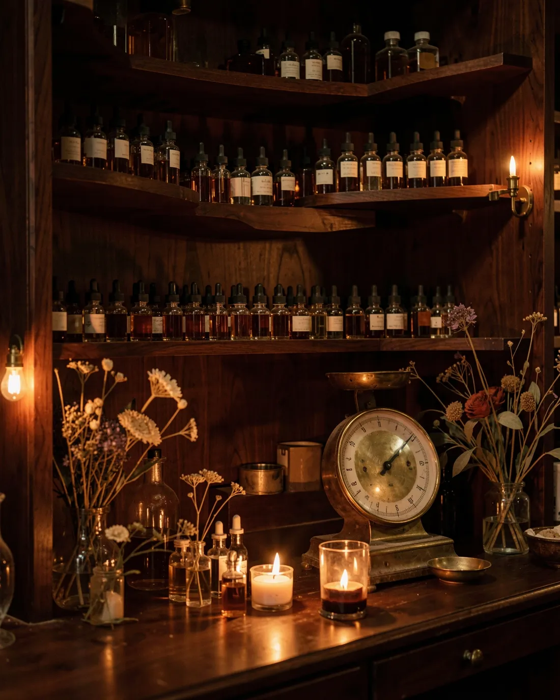 Glass vials and droppers on walnut shelves in candle light
