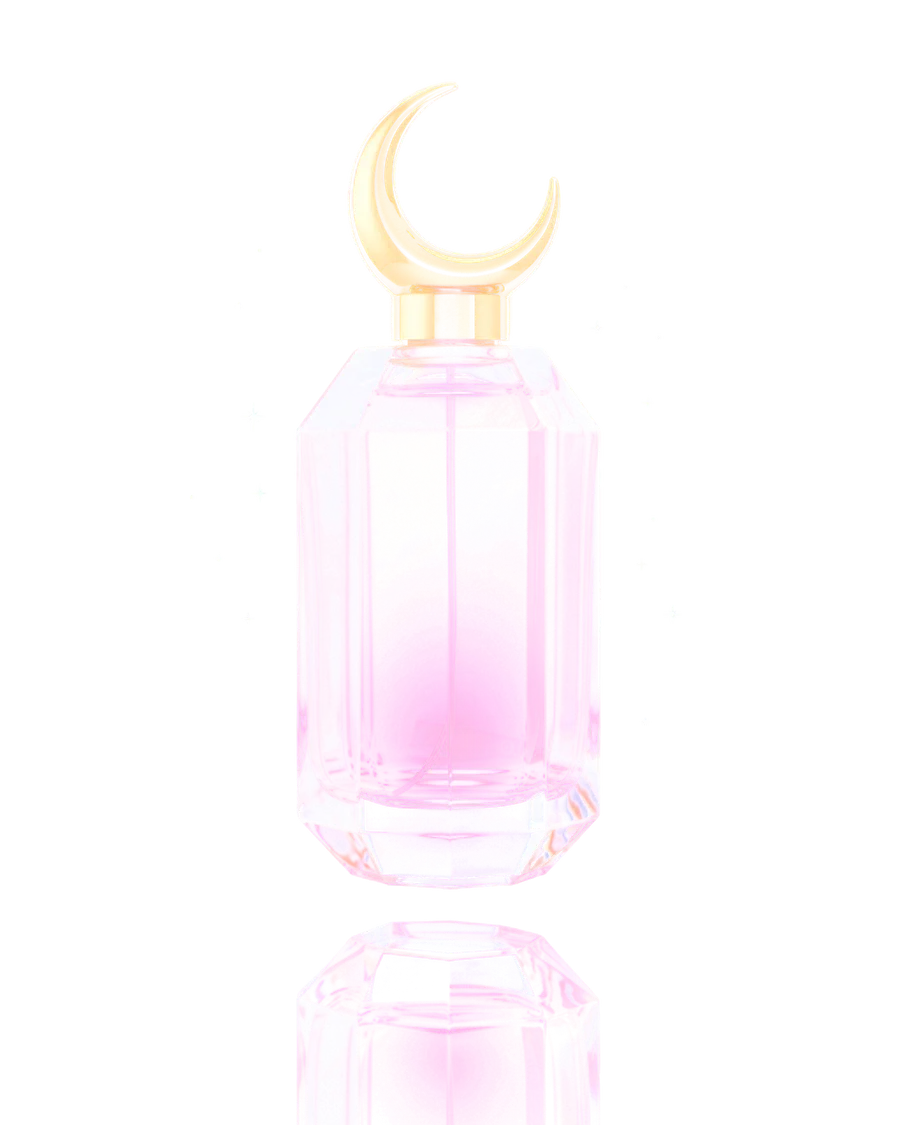 A faceted amethyst perfume bottle with a gold crescent-moon cap
